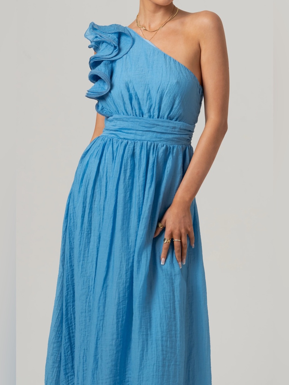 One-Shoulder Ruffle Maxi Dress in Sky Blue